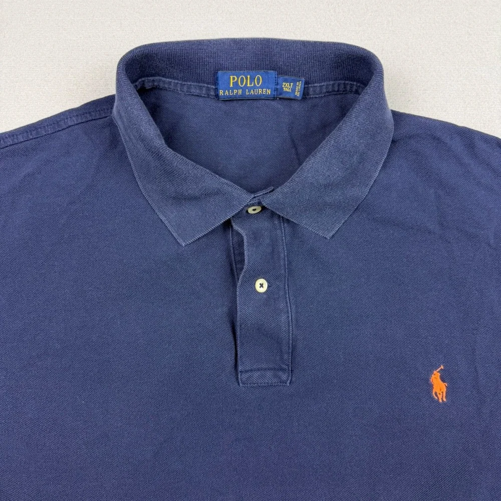 Polo Ralph Lauren Men 2XLT Navy Blue Short Sleeve Pique Polo Shirt Orange Pony